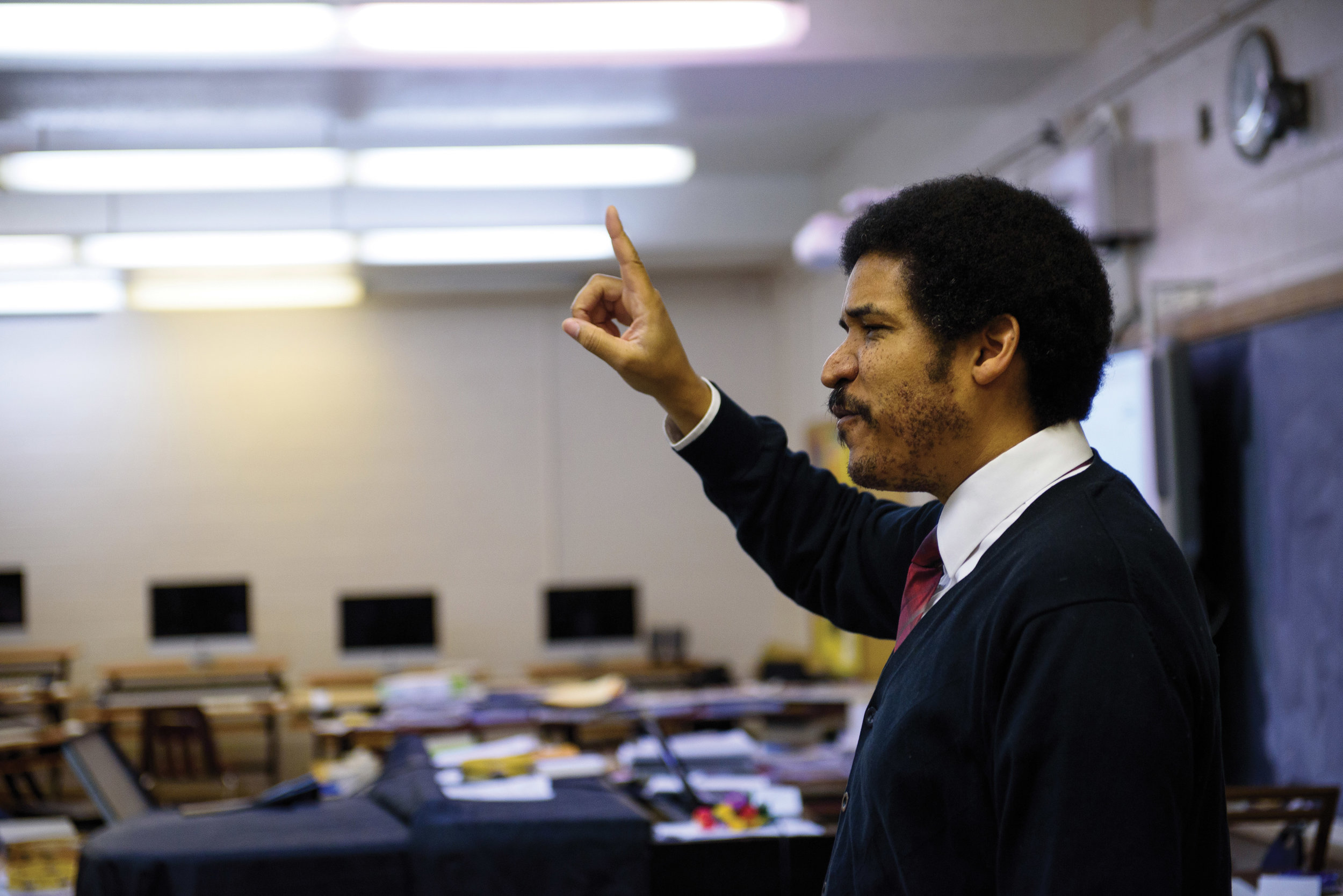   Teacher Jay Fluellen in his music classroom at Northeast High School  