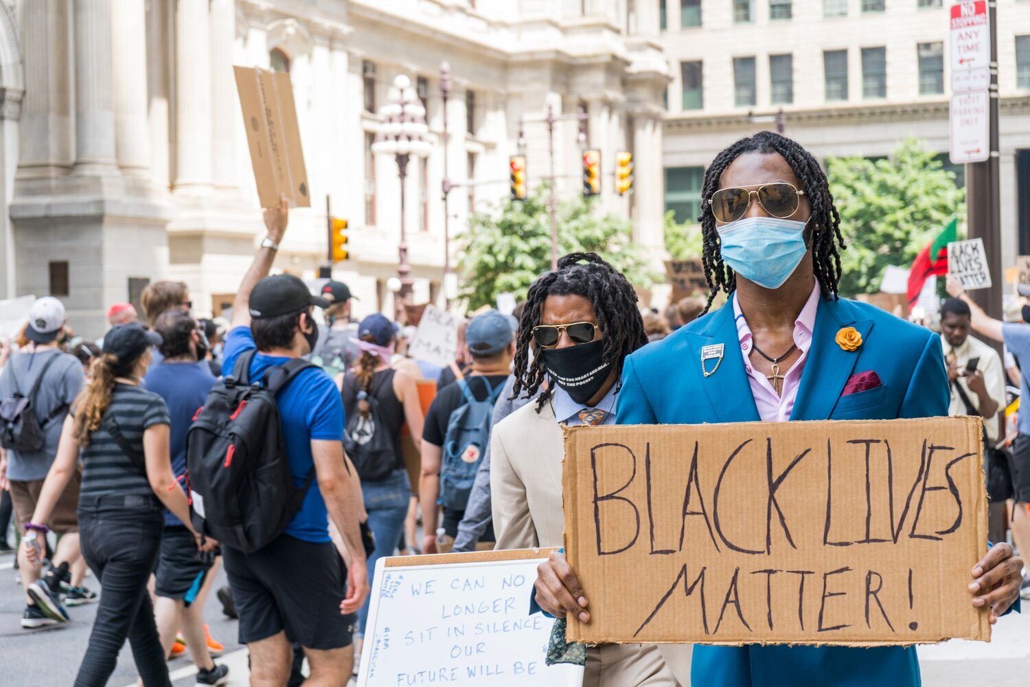 Protesters march by Philadelphia City Hall in the summer of 2020.
