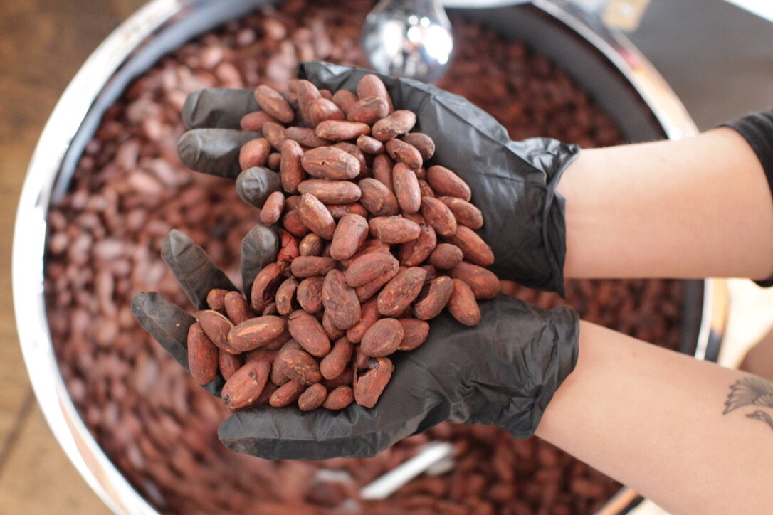 Cacao beans in the roasting process. Photograph courtesy of Triangle Roasters.