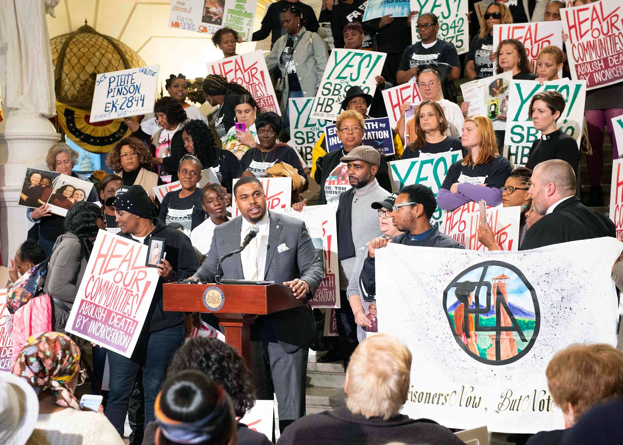 State Rep. Jason Dawkins at the Harrisburg Capitol with advocates against death by incarceration. Photo courtesy of PA House of Representatives.