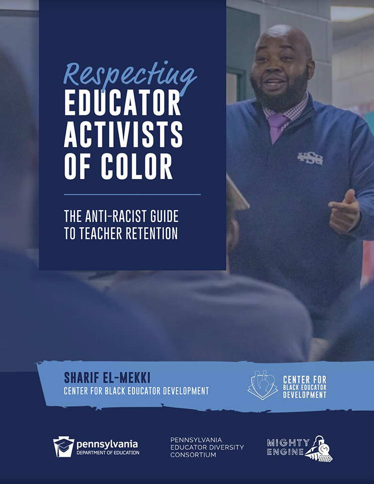 Man speaks with "Respecting Educator Activists of Color" title 