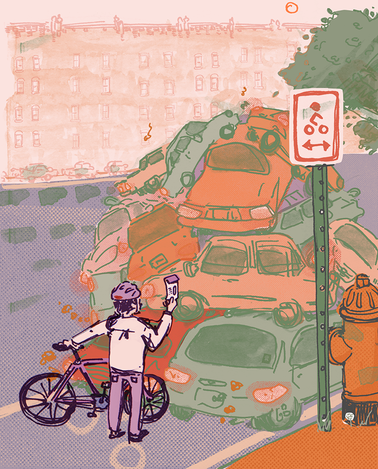 illustration, cyclist takes photo of car pileup in bike lane