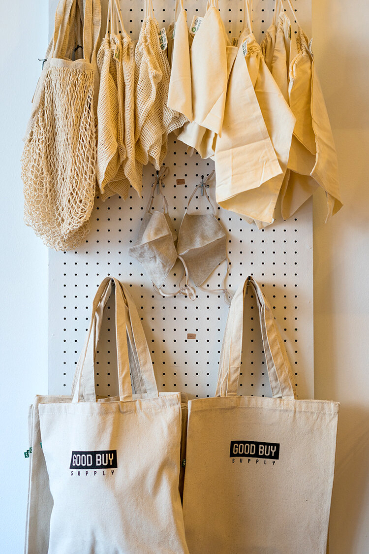 Reusable items from Good Buy Supply, cloth shopping and produce bags. Photography by Drew Dennis.