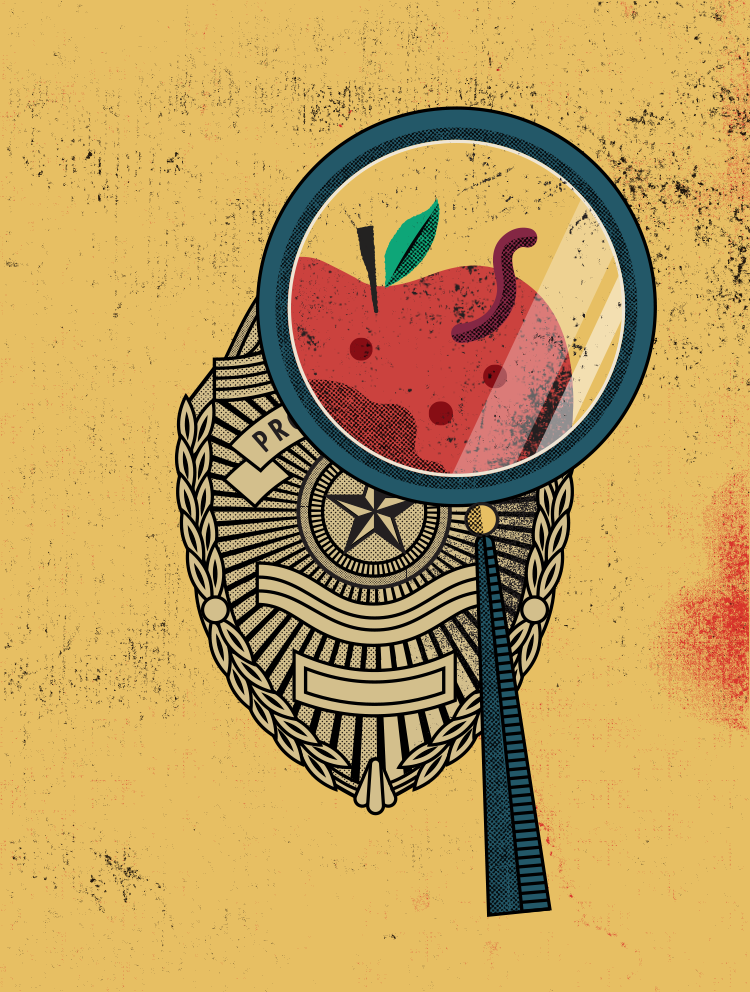 illustration of magnifying glass held over police badge showing worm crawling out of an apple