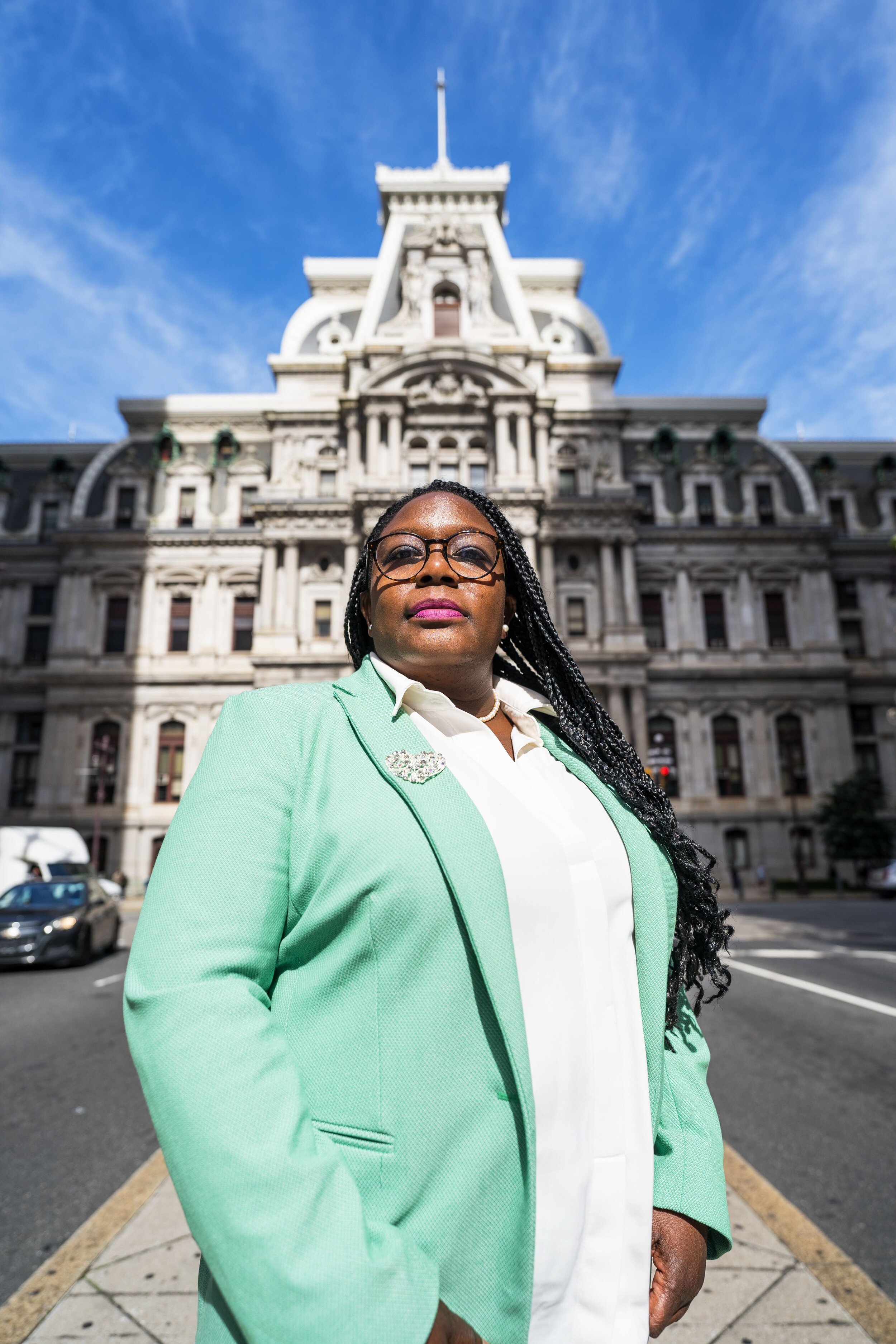Councilmember Kendra Brooks pictured in front of Philadelphia City Hall. Photography of Kendra Brooks by Drew Dennis.