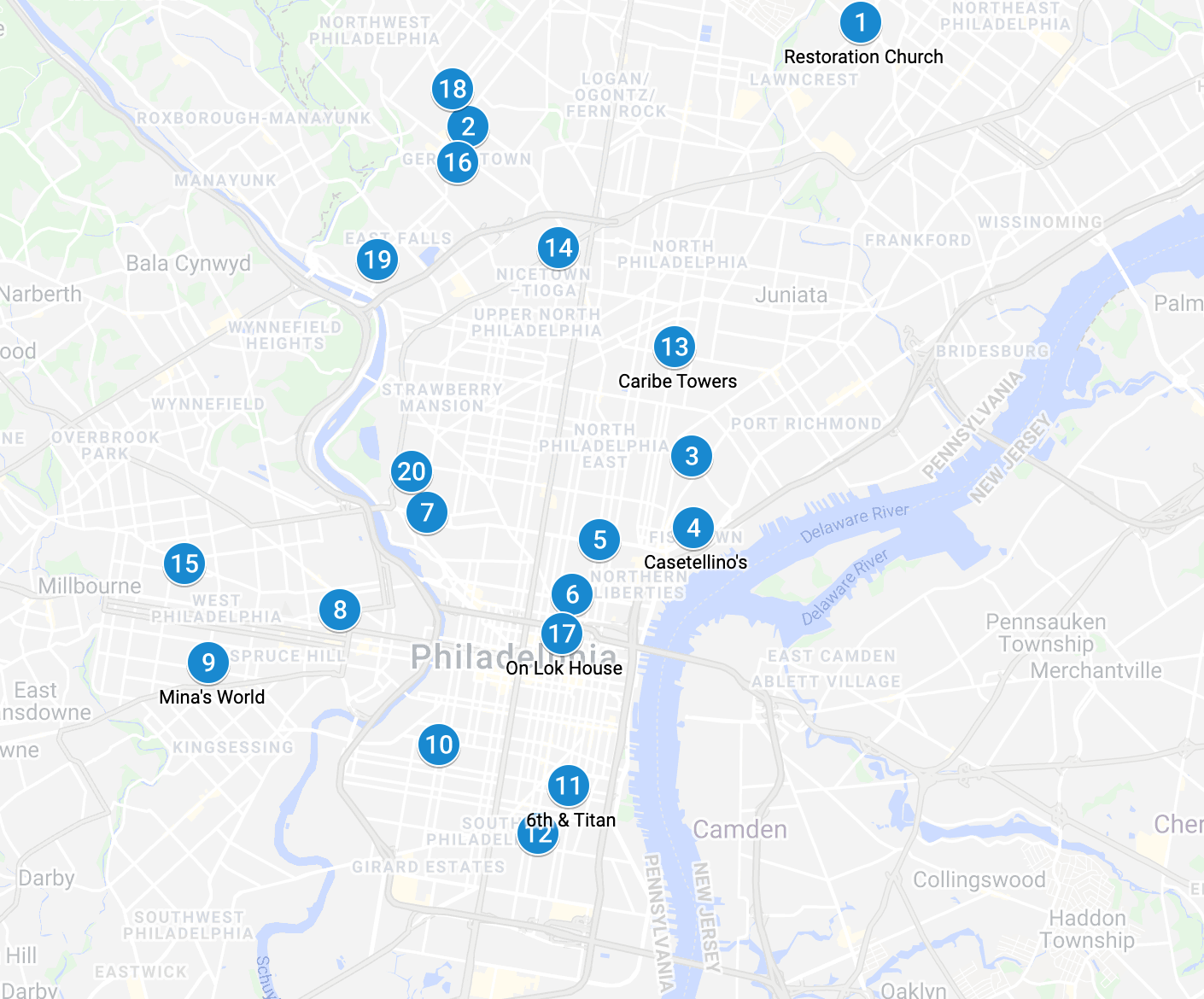 Google maps displays 20 locations of the community fridges in Philadelphia.