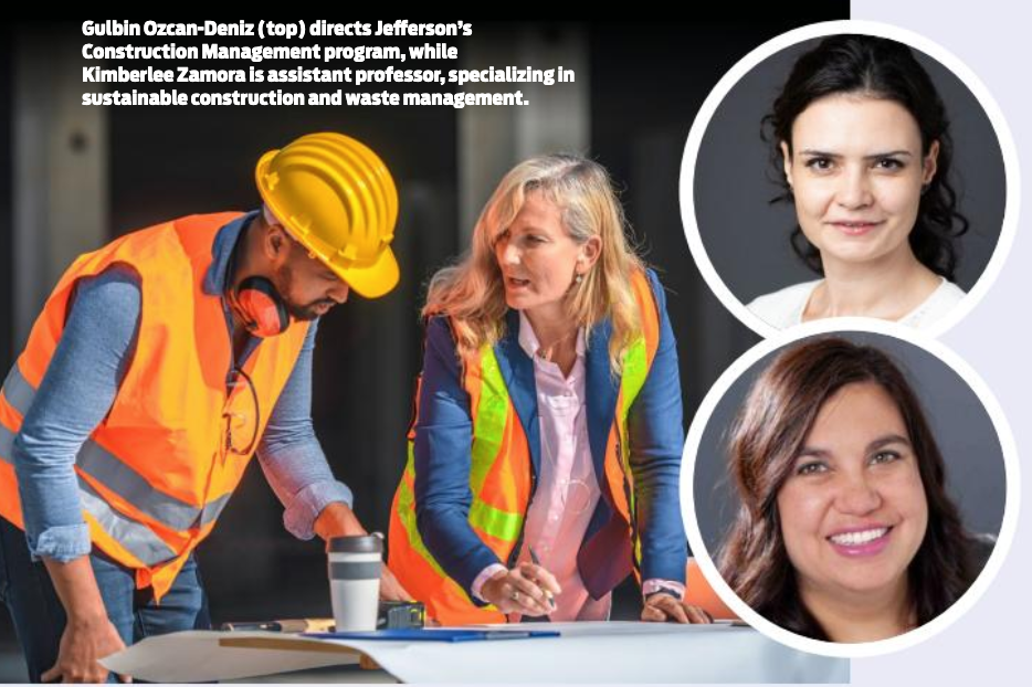 headshots of two women and a woman talking to a man in a hardhat