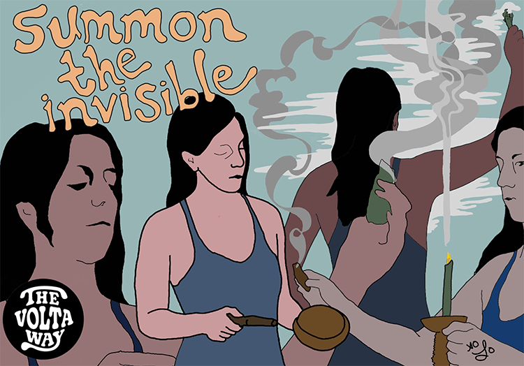 illustration of women burning incense with eyes closed and "summon the invisible"
