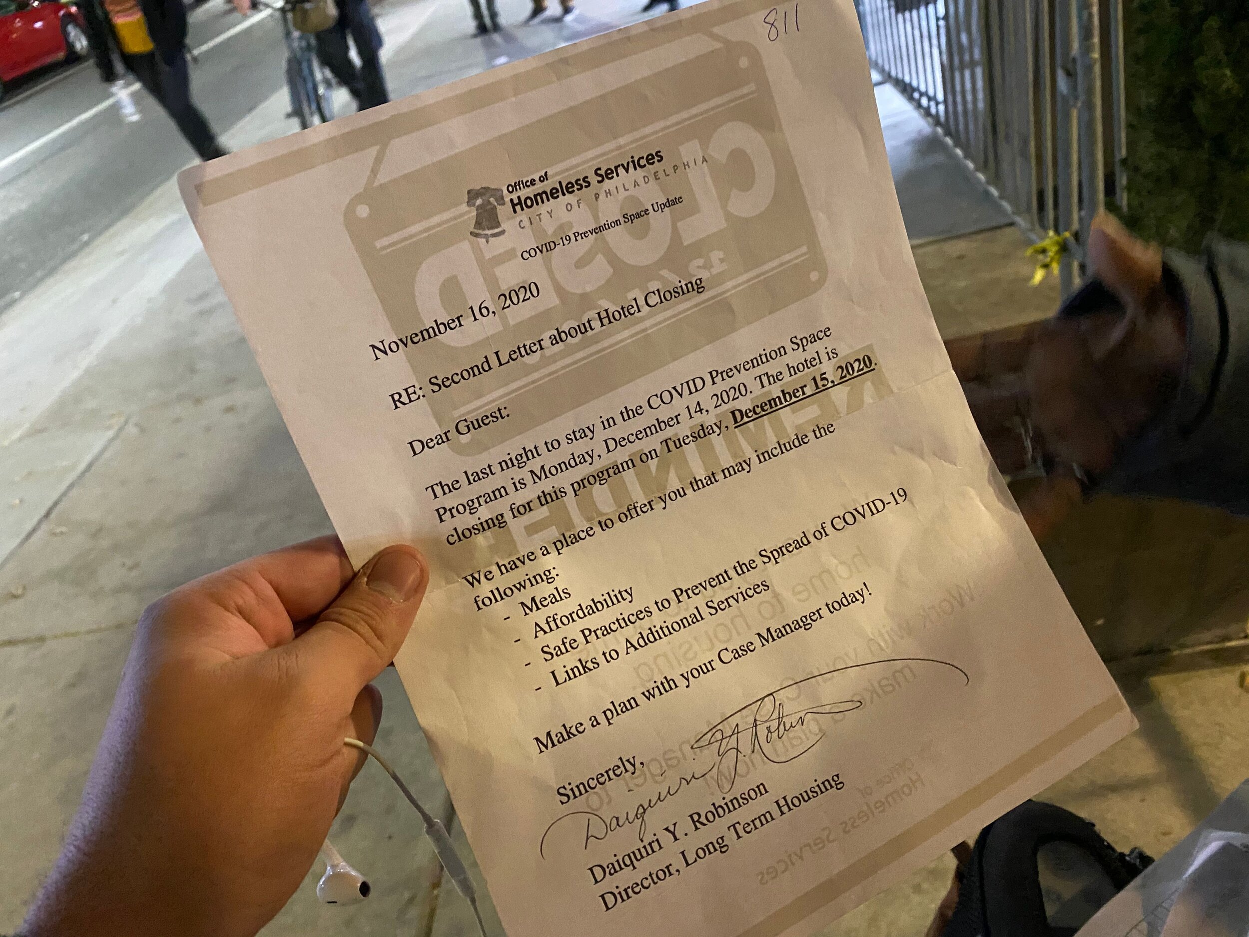 Letter from the City of Philadelphia Office of Homeless Services regarding the closing of COVID Prevention Space Program. Photographs by Jason N. Peters