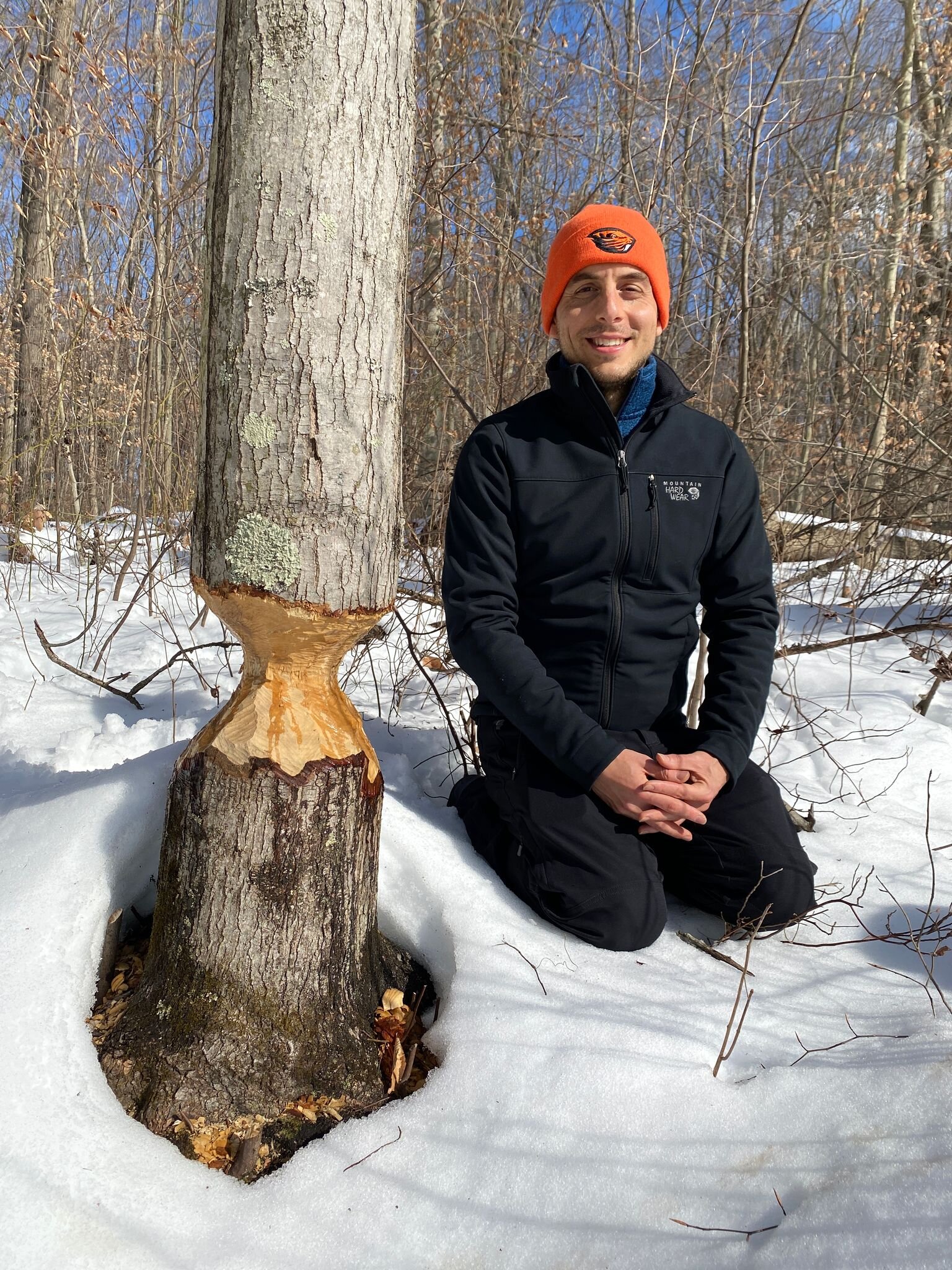 Chris Muller beside a beaver-chewed tree. Muller has been spotting and photographing beavers—including those pictured here—in ponds, creeks and rivers around the city since 2018.